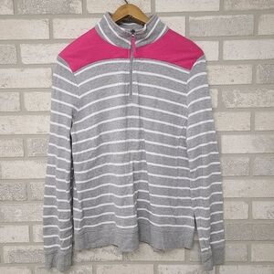 Le Tigre Quarter Zip Pullover Sweater Size Large Pink Gray White Stripe